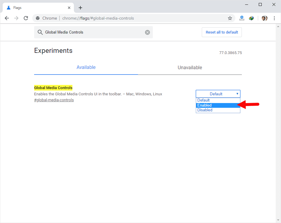 Chrome Flags Global Media Control Enabled