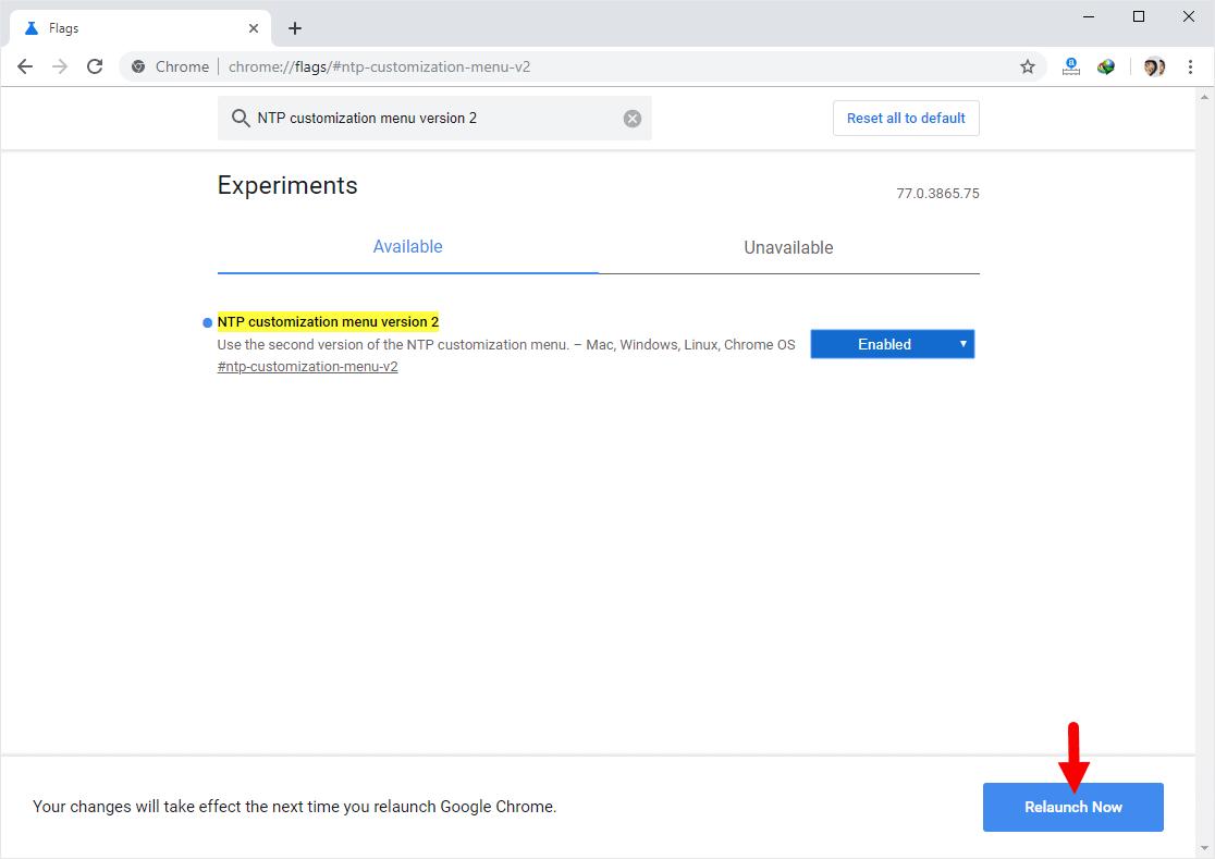 Chrome Flags NTP Customization Menu v2 Enabled Relaunch