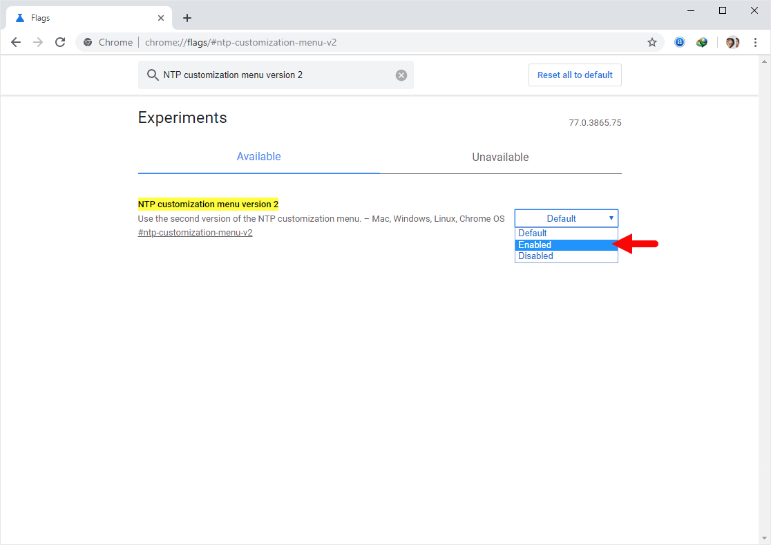 Chrome Flags NTP Customization Menu v2 Enabled