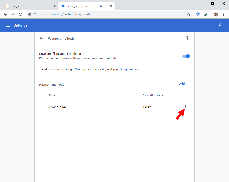 Chrome Payment Method More Actions