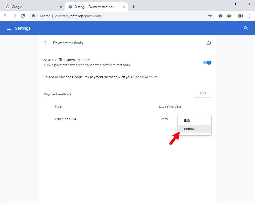 Chrome Remove Payment