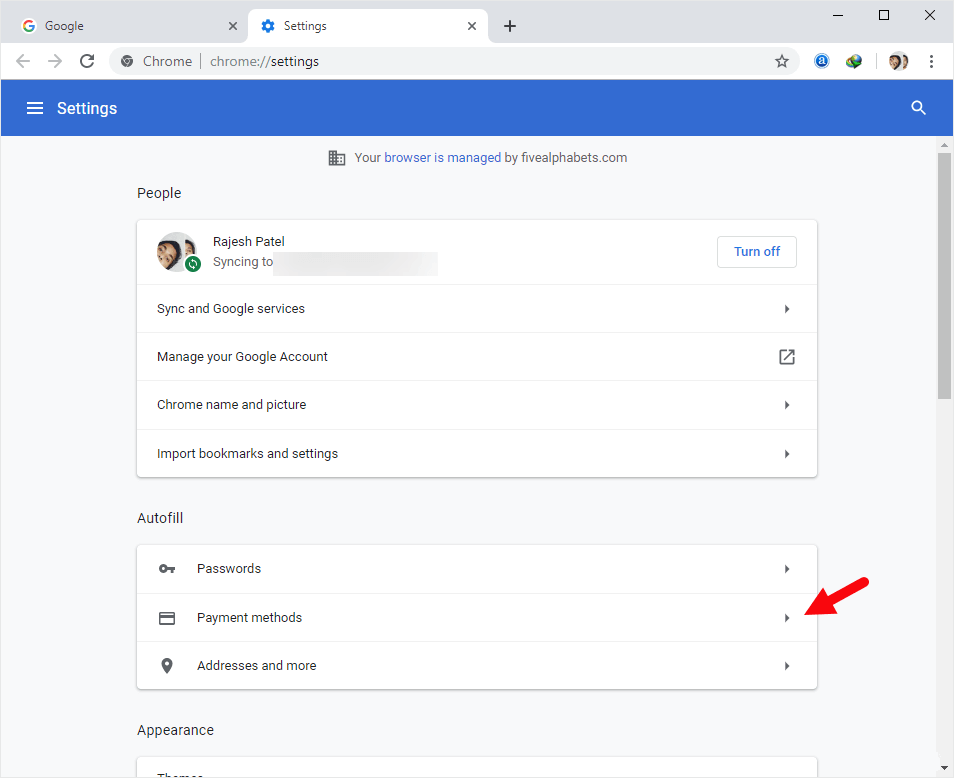 Chrome Settings Autofill Payment Method