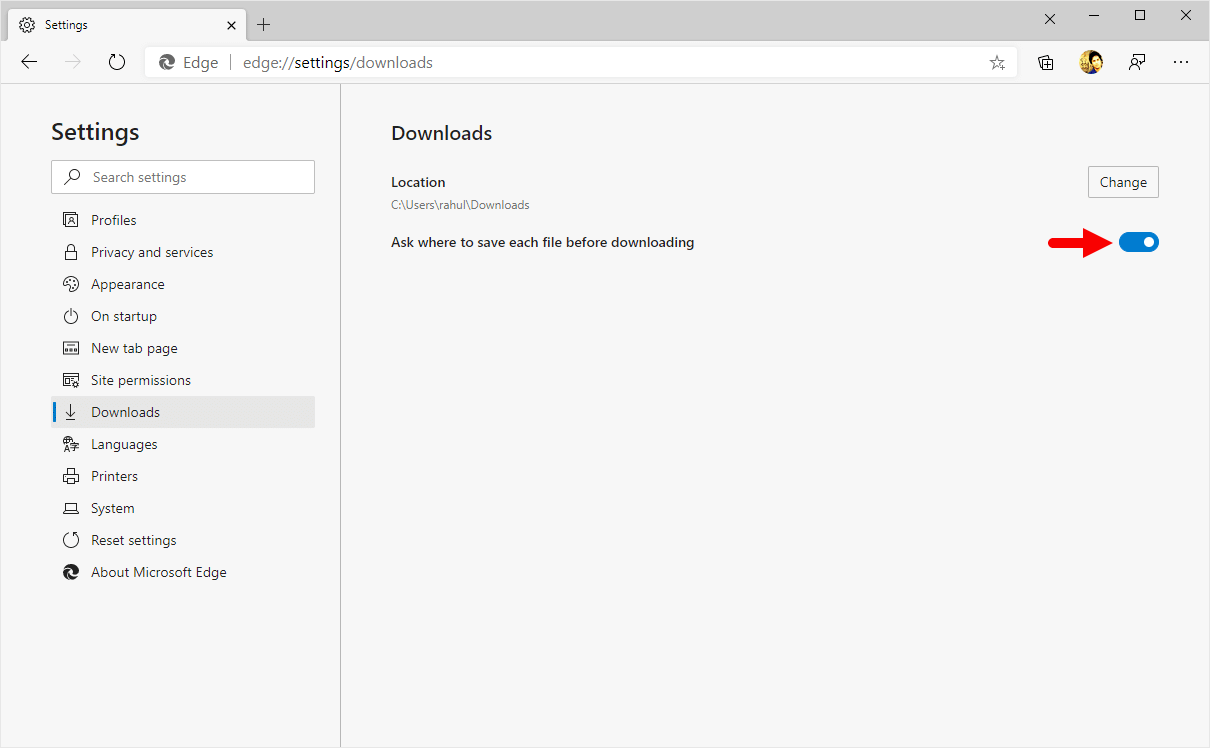 edge browser downloads location ask disable