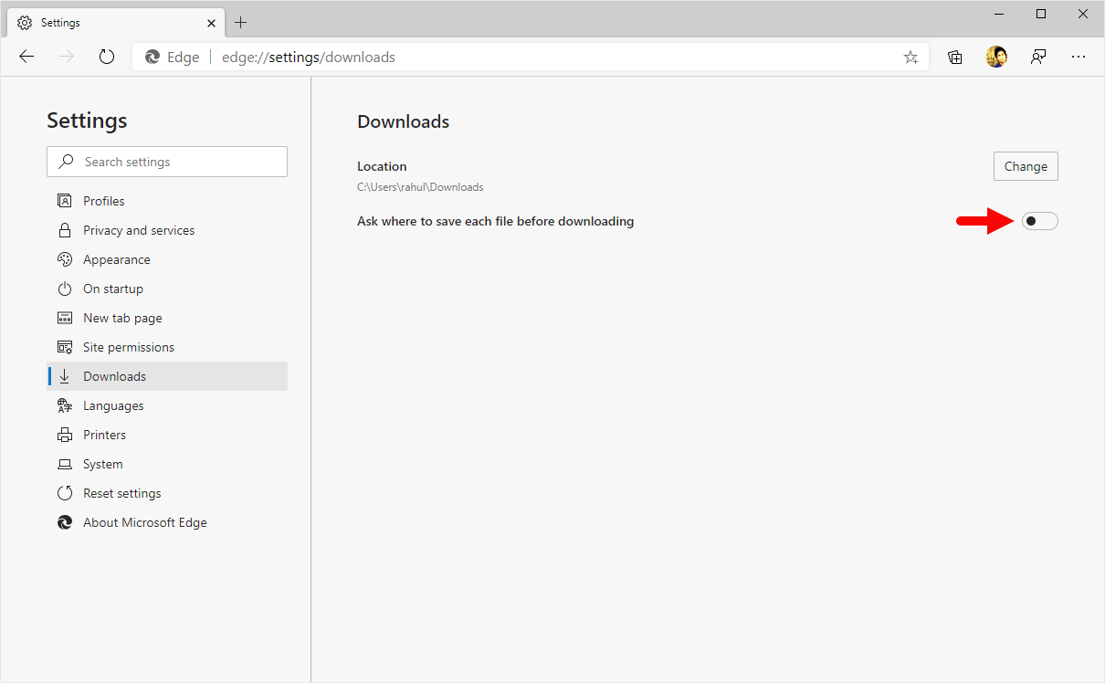 edge browser downloads location ask enable