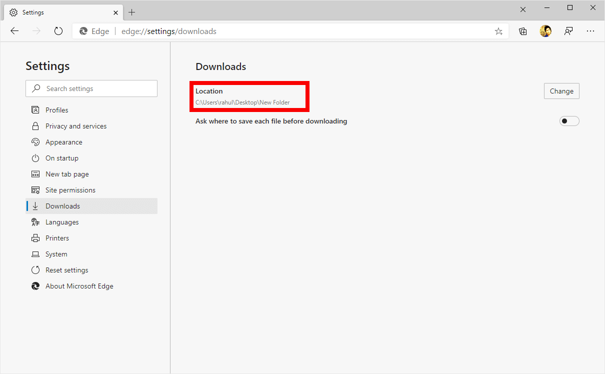 microsoft edge download path change