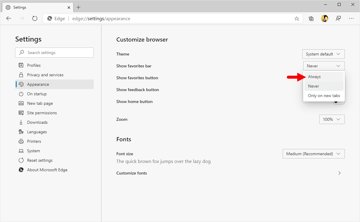 edge favorites bar menu always
