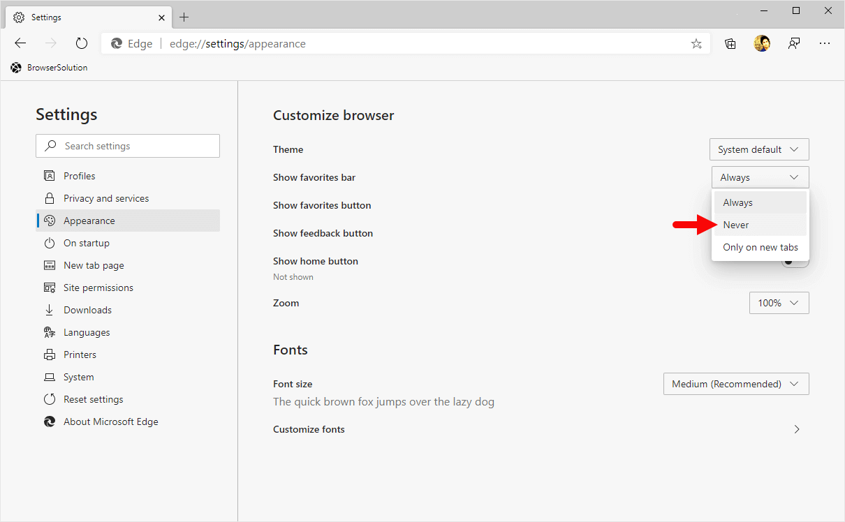 edge favorites bar menu never