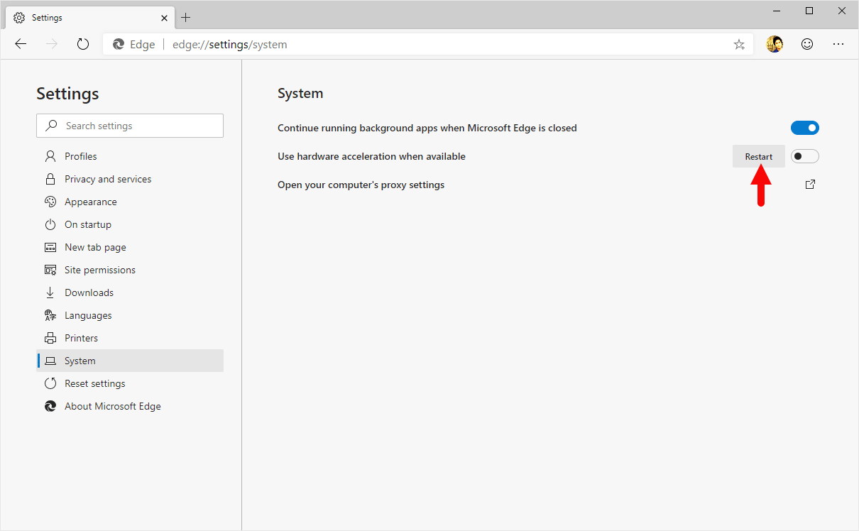 edge hardware acceleration disable restart