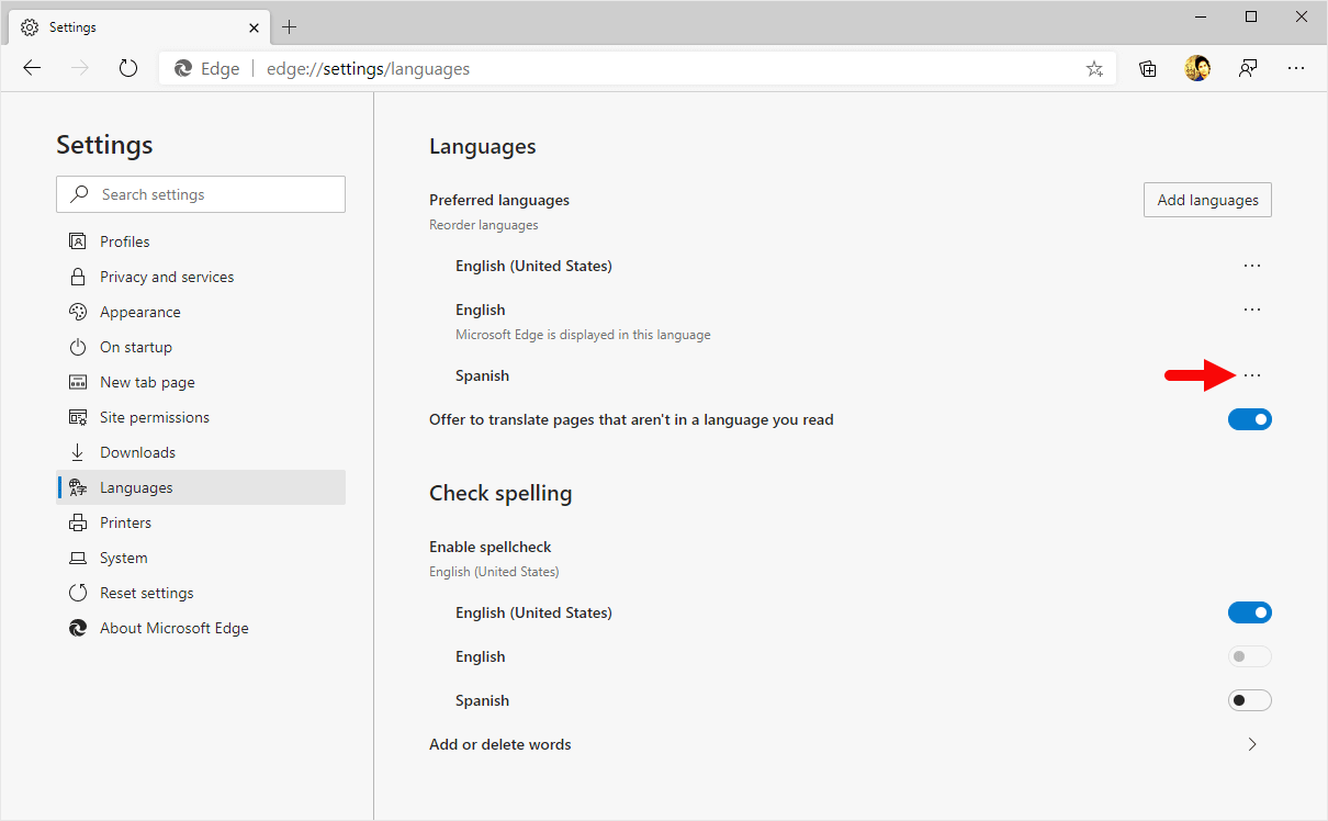 edge language menu