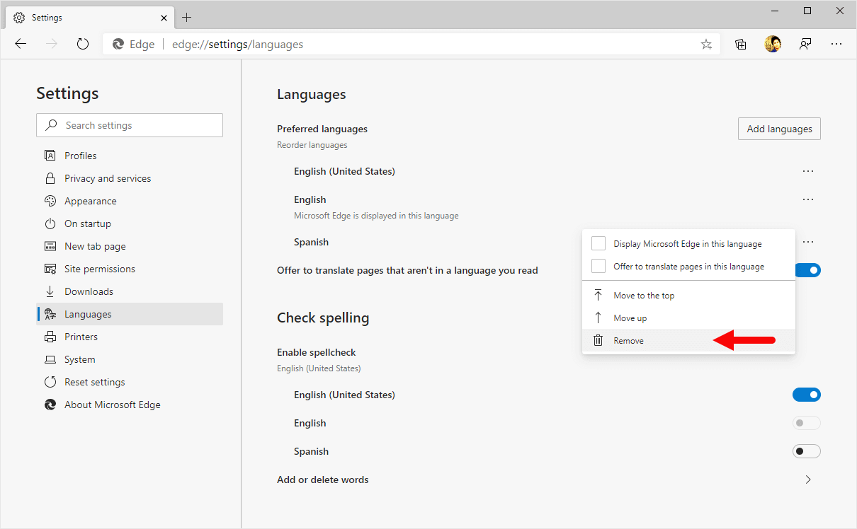 edge language remove