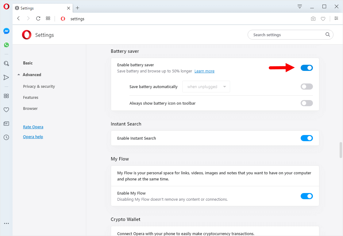opera battery saver disable