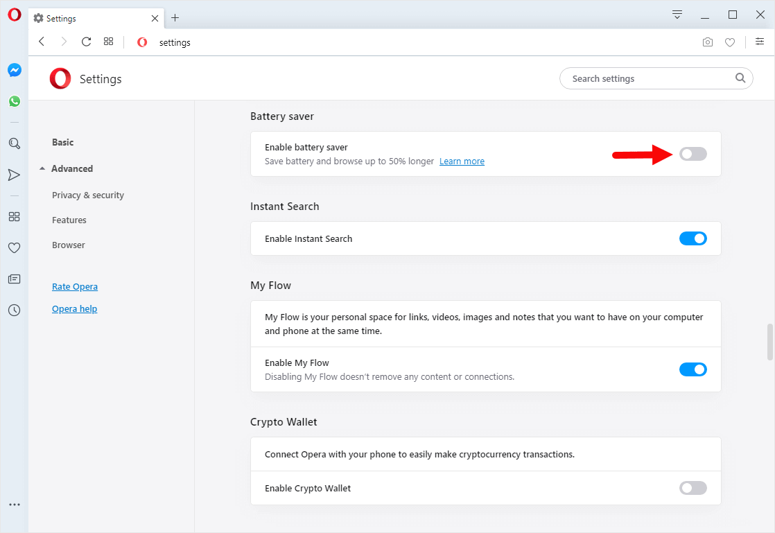 opera battery saver enable
