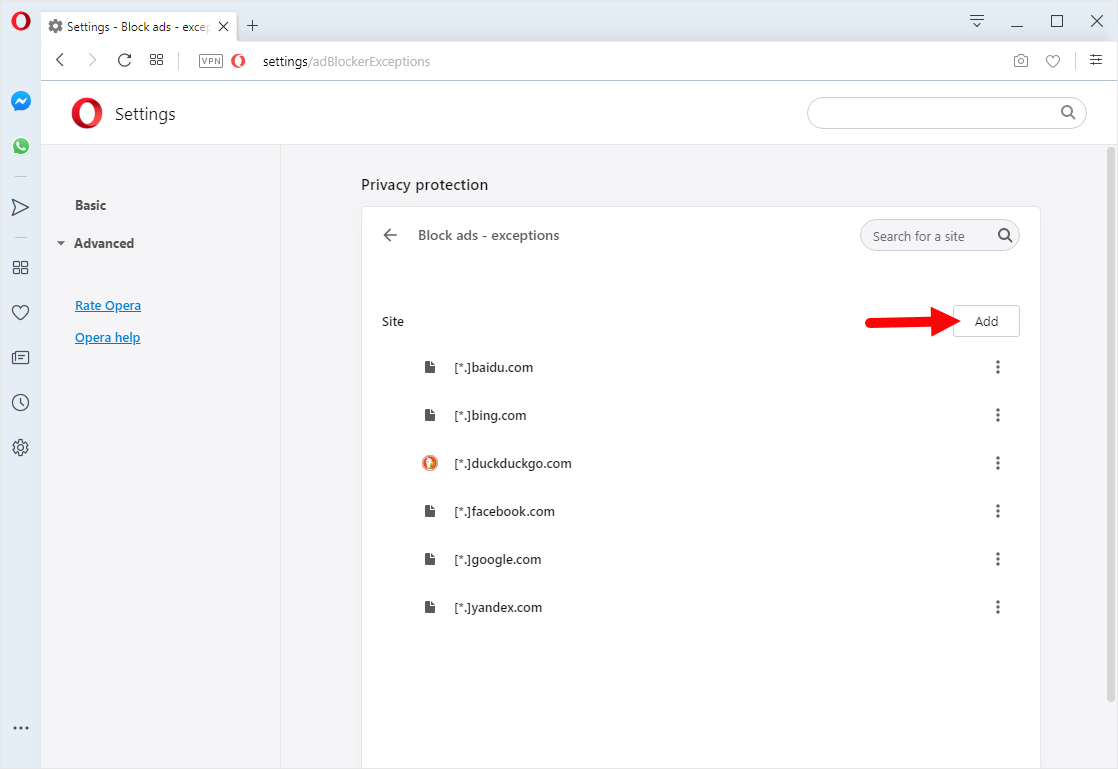 opera block ads exceptions add