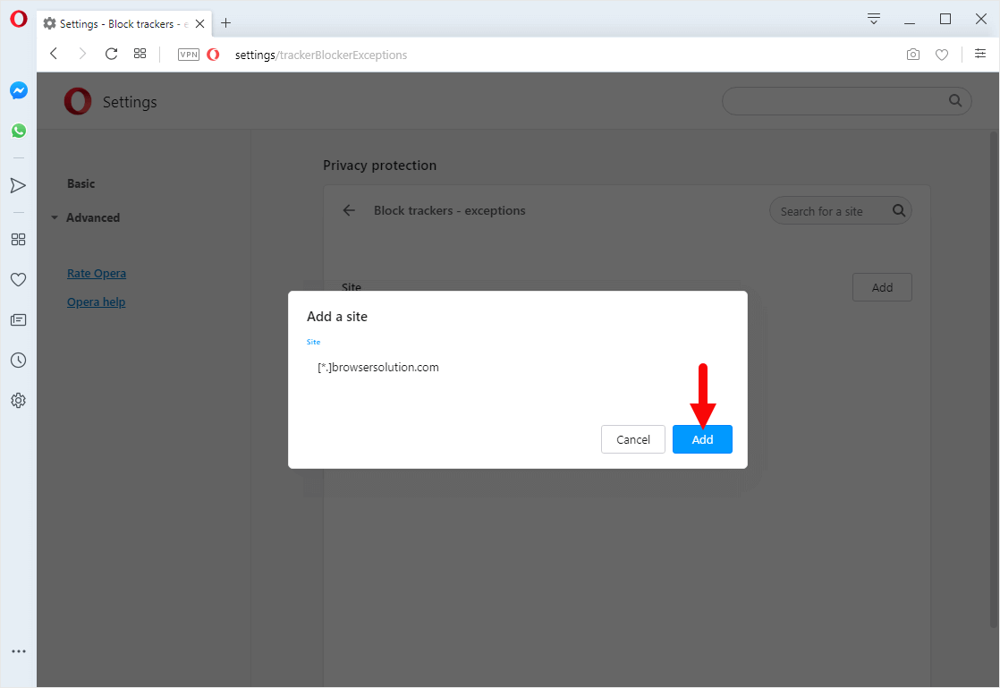 opera block trackers exceptions add site