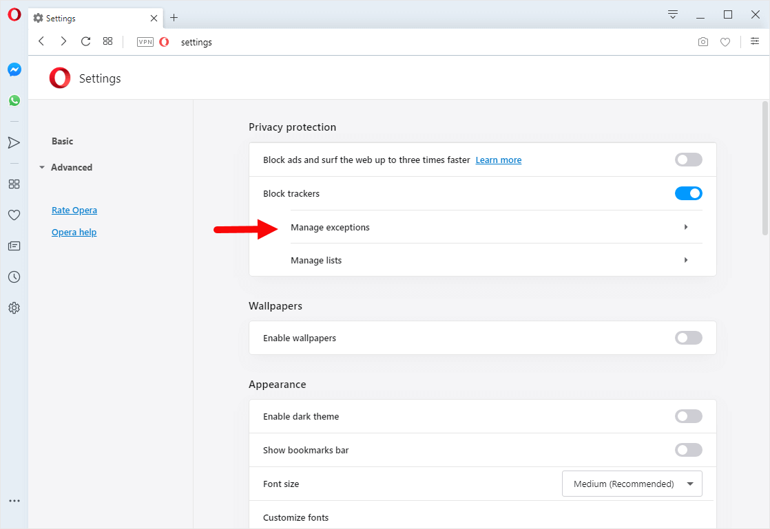 opera block trackers exceptions