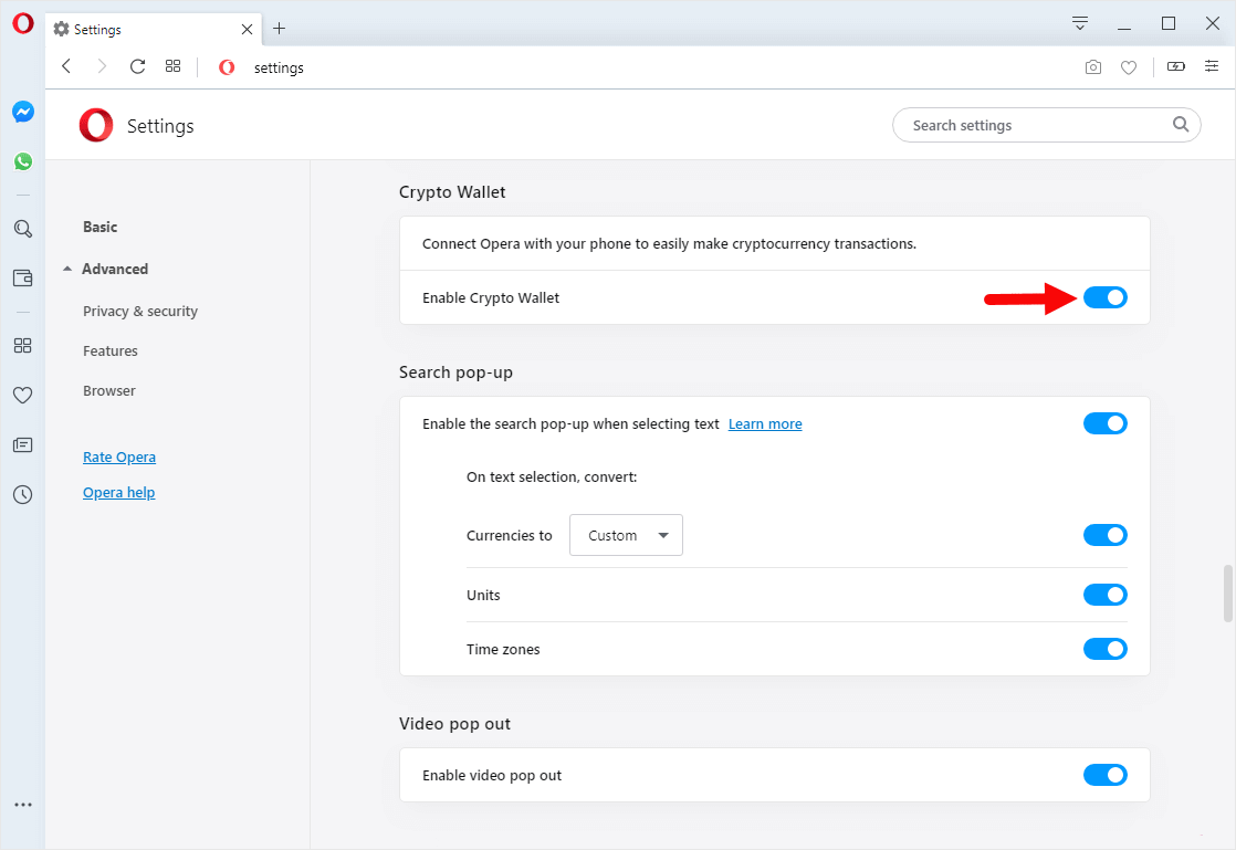 opera crypto wallet disable