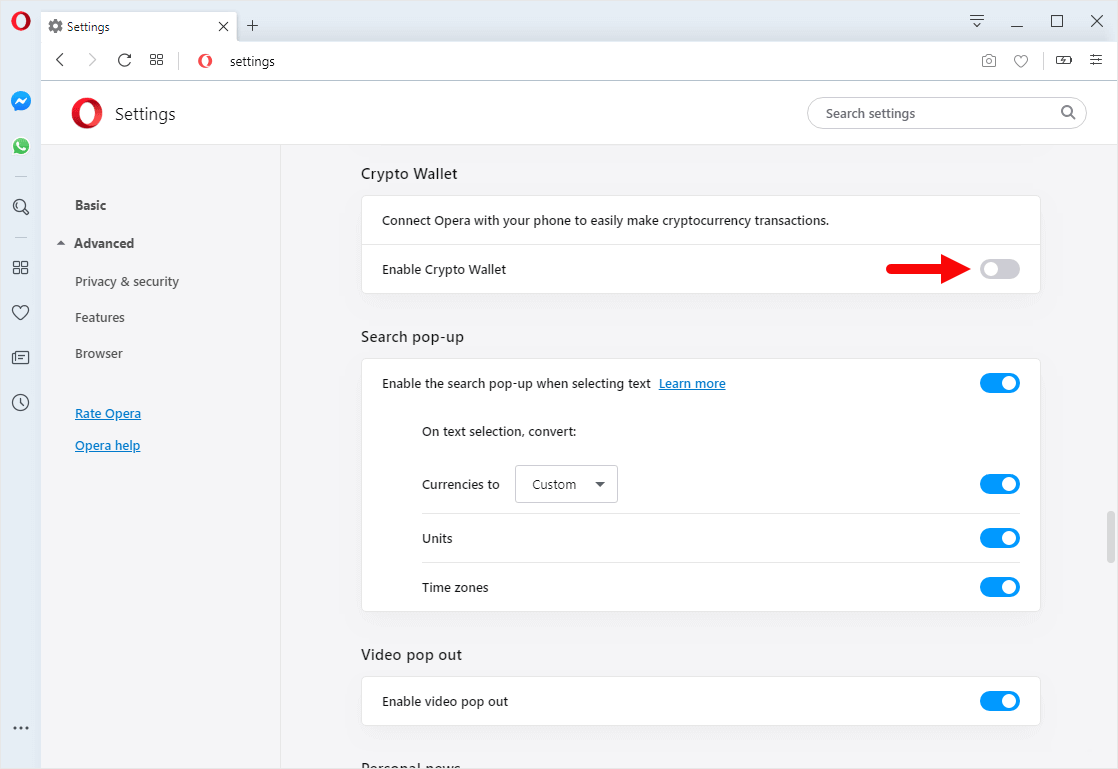 remove opera crypto wallet