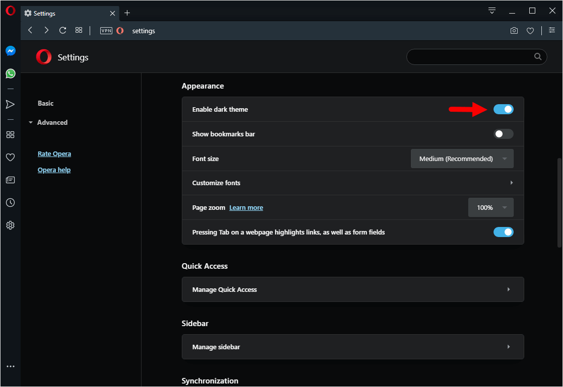 opera disable dark mode