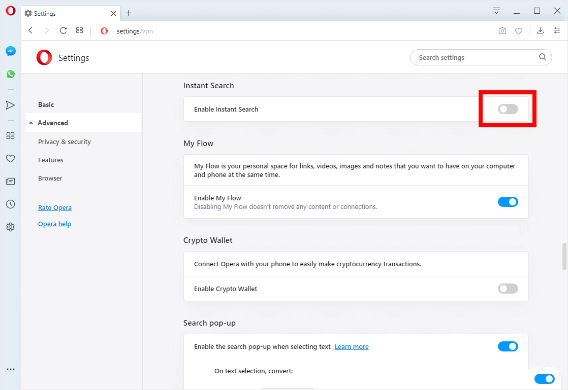 opera disabled instant search