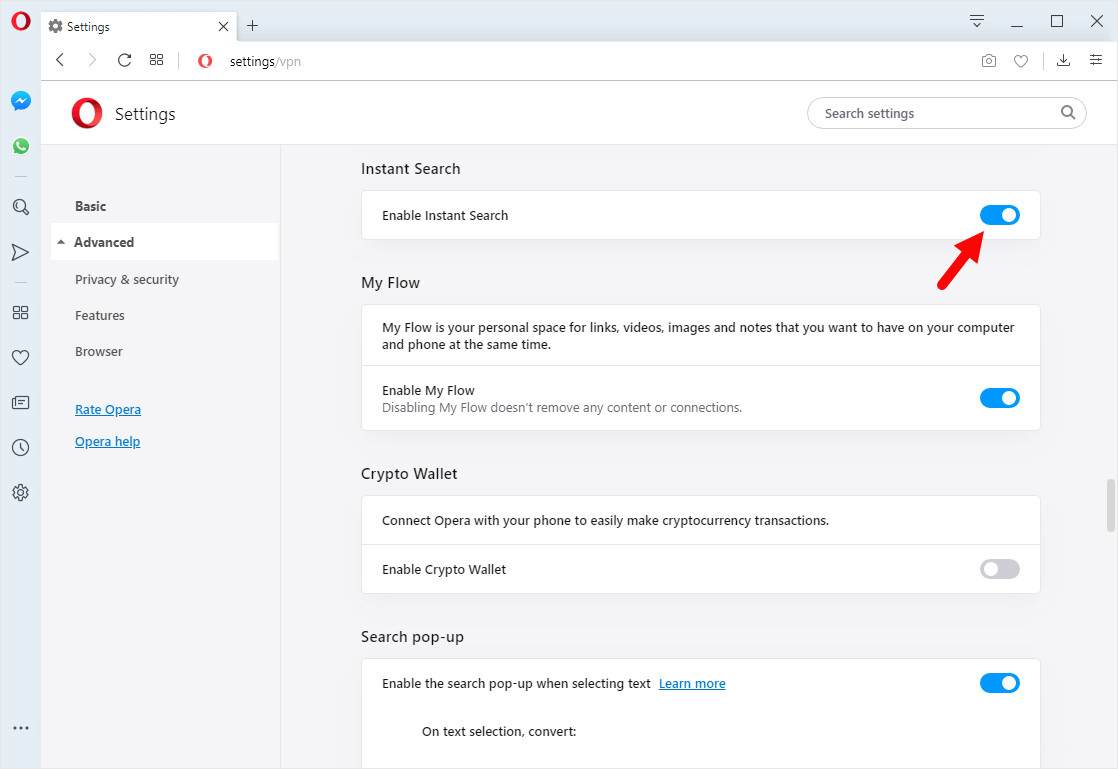 opera enable instant search