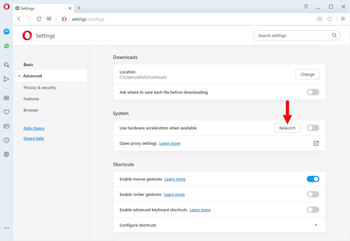 opera hardware acceleration disabled relaunch