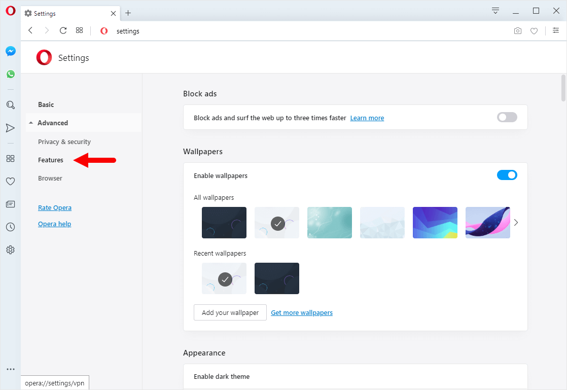 opera settings advanced features