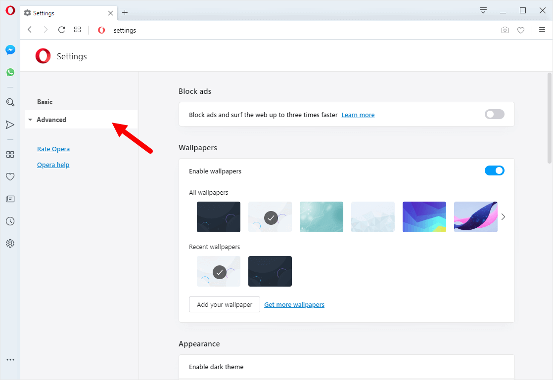 opera settings advanced