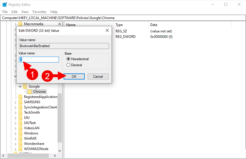 regedit chrome dword bookmarkbarenabled zero