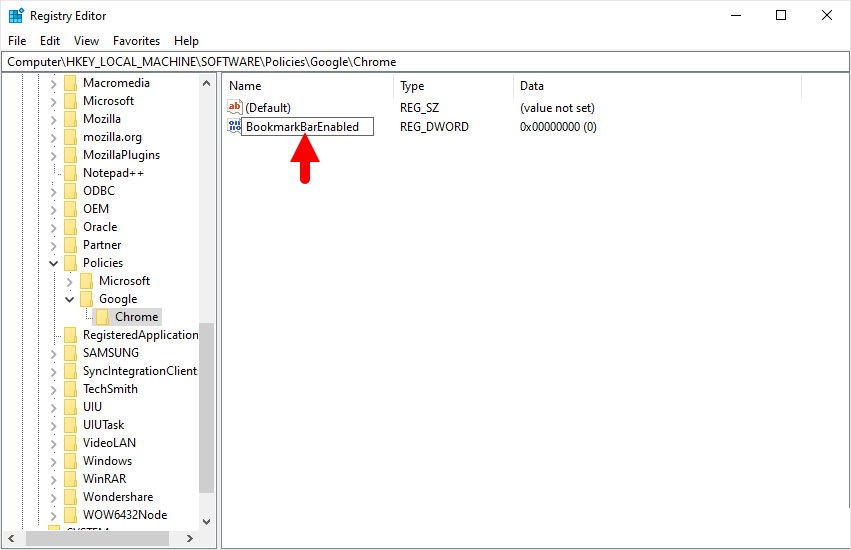 regedit policies chrome dword bookmarkbarenabled