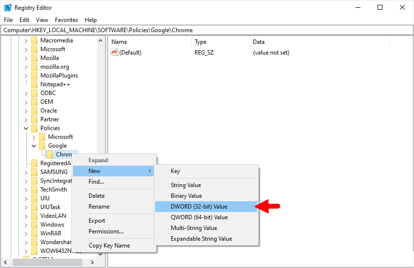 regedit policies chrome dword