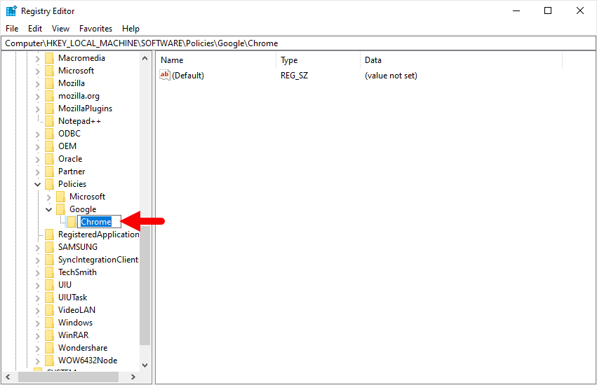 regedit policies create chrome