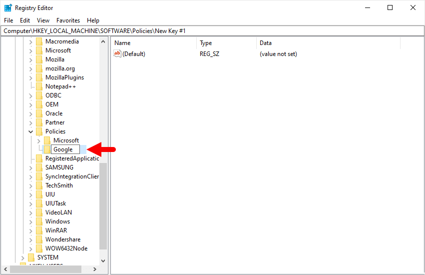 regedit policies create google