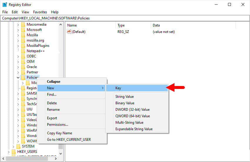 regedit policies create key