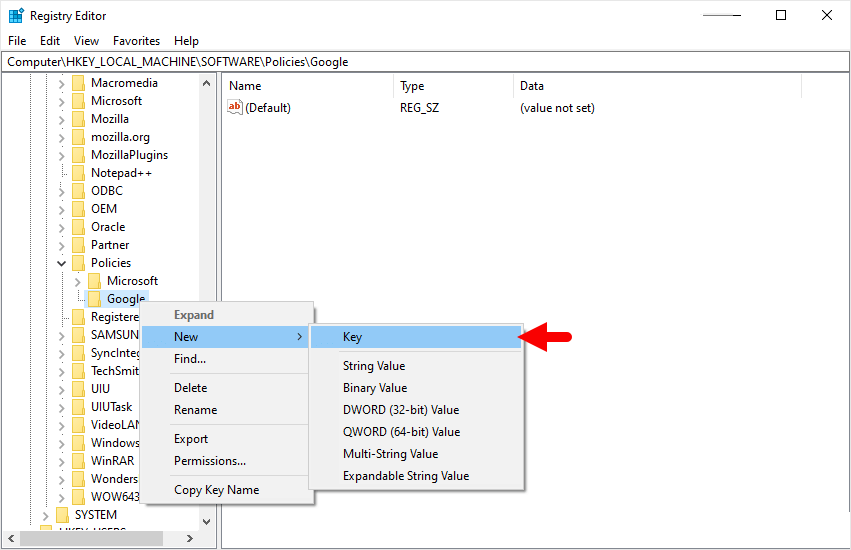 regedit policies google create key
