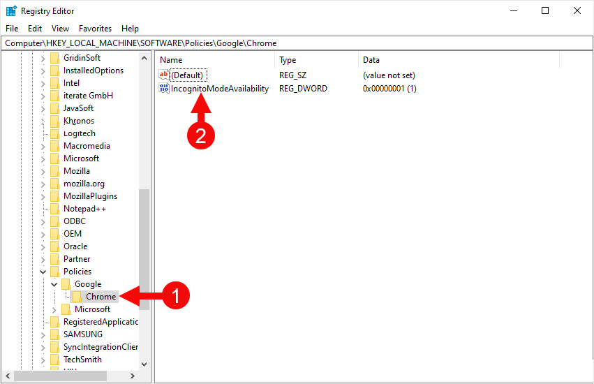 registry editor chrome incognito